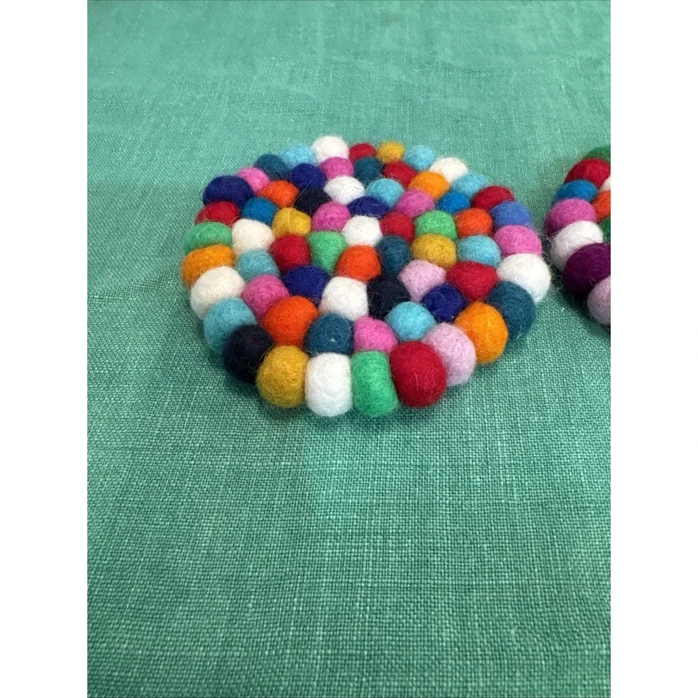 Round Felt Ball Coasters Felted  Wool Insulation Pad Set Of 2‎ Multi  Colored